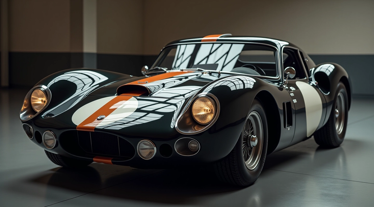 Ikonisks reti izlaidusts sporta automobilis ar hromētu detaļām, fotogrāfija no 45 grādu leņķa, ražošanas era nostalgija