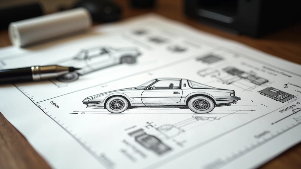 Inženiertehniski zīmējumi uz galda ar retro automobiļa shēmām, melns tintāts uz baltas papīra, detalizēti rasējumi, studijas apgaismojums