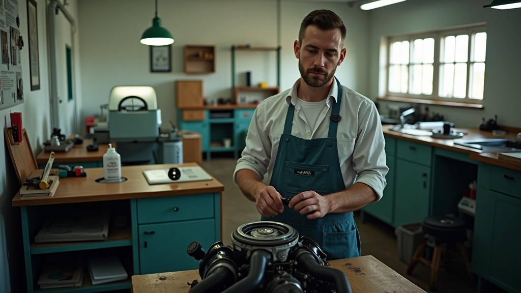 Retro laboratorijas telpa ar 1960. gadu darba stendiem, inžinieri pārbaudī automobiļa motoru, dienas gaisma no lielajiem logiem